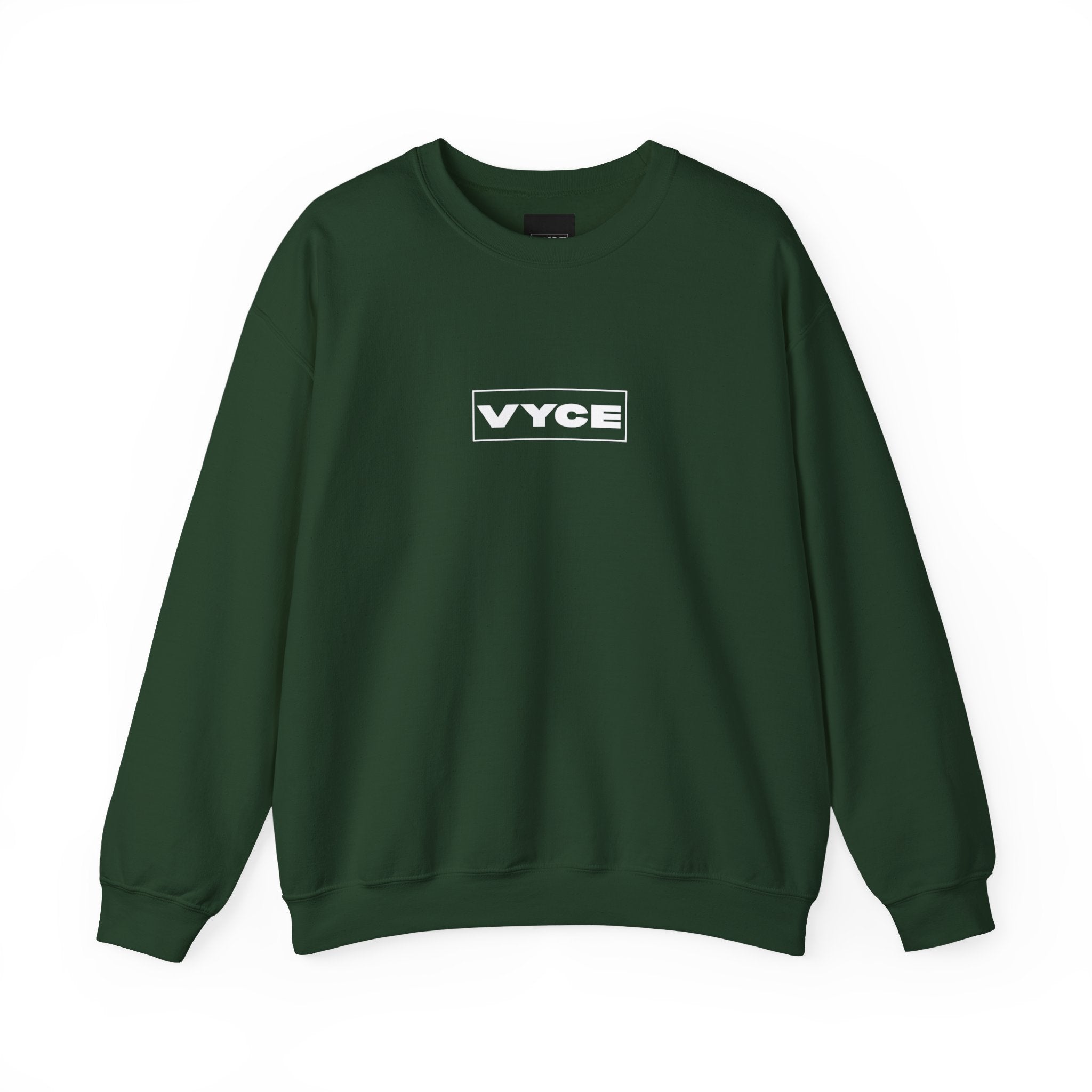 Vyce Blank Box Logo w/meaning Logo Crewneck Sweatshirt — Minimalist Branded Pullover Front & Back Print