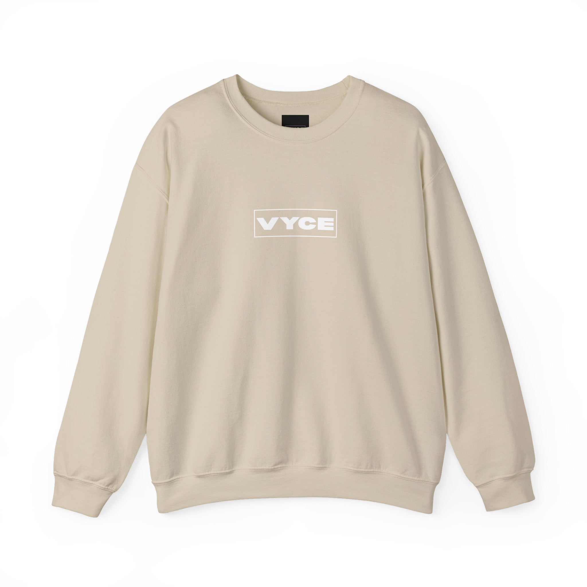 Vyce Blank Box Logo w/meaning Logo Crewneck Sweatshirt — Minimalist Branded Pullover Front & Back Print