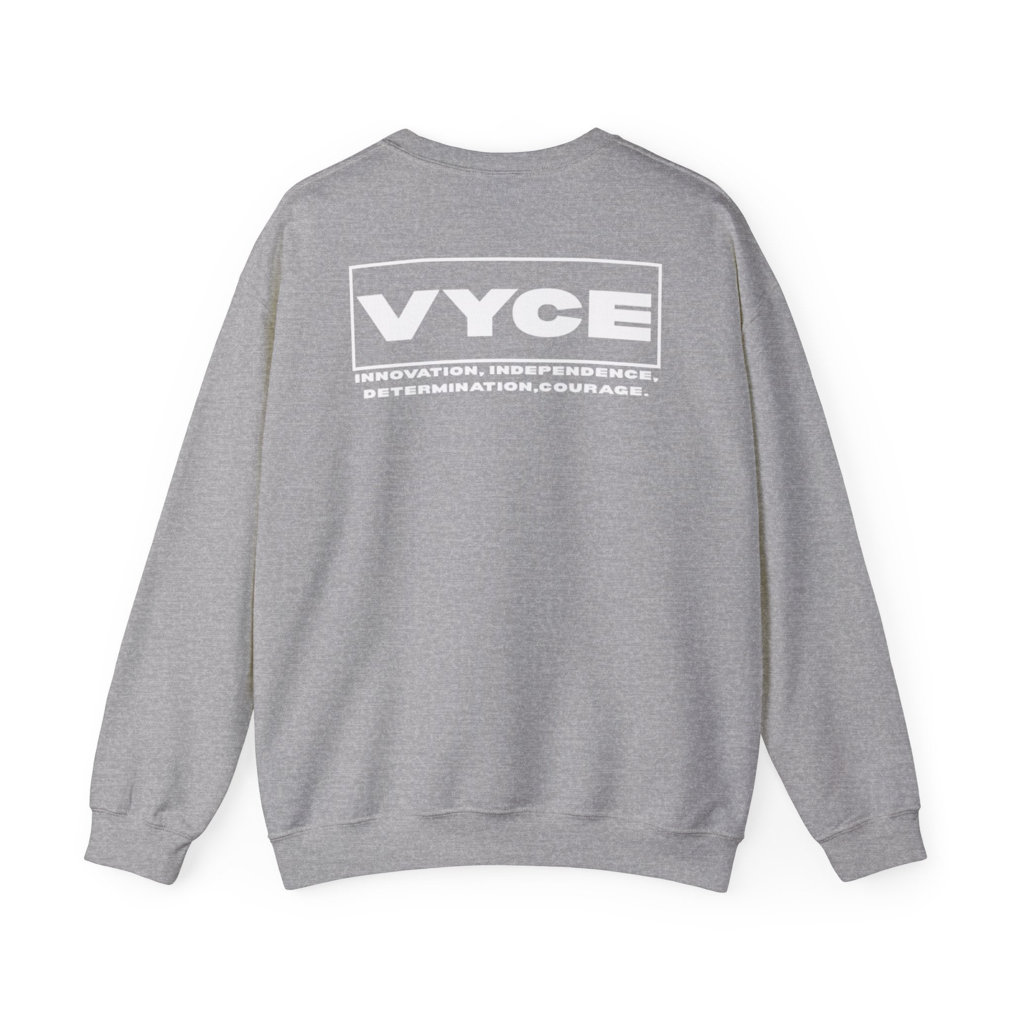 Vyce Blank Box Logo w/meaning Logo Crewneck Sweatshirt — Minimalist Branded Pullover Front & Back Print