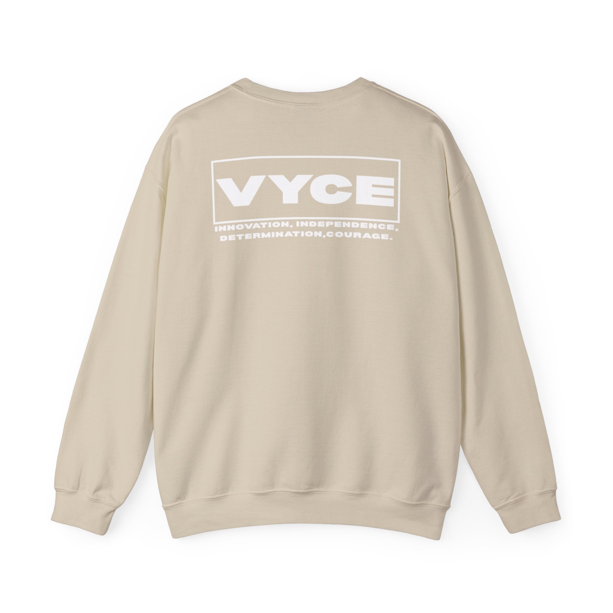 Vyce Blank Box Logo w/meaning Logo Crewneck Sweatshirt — Minimalist Branded Pullover Front & Back Print