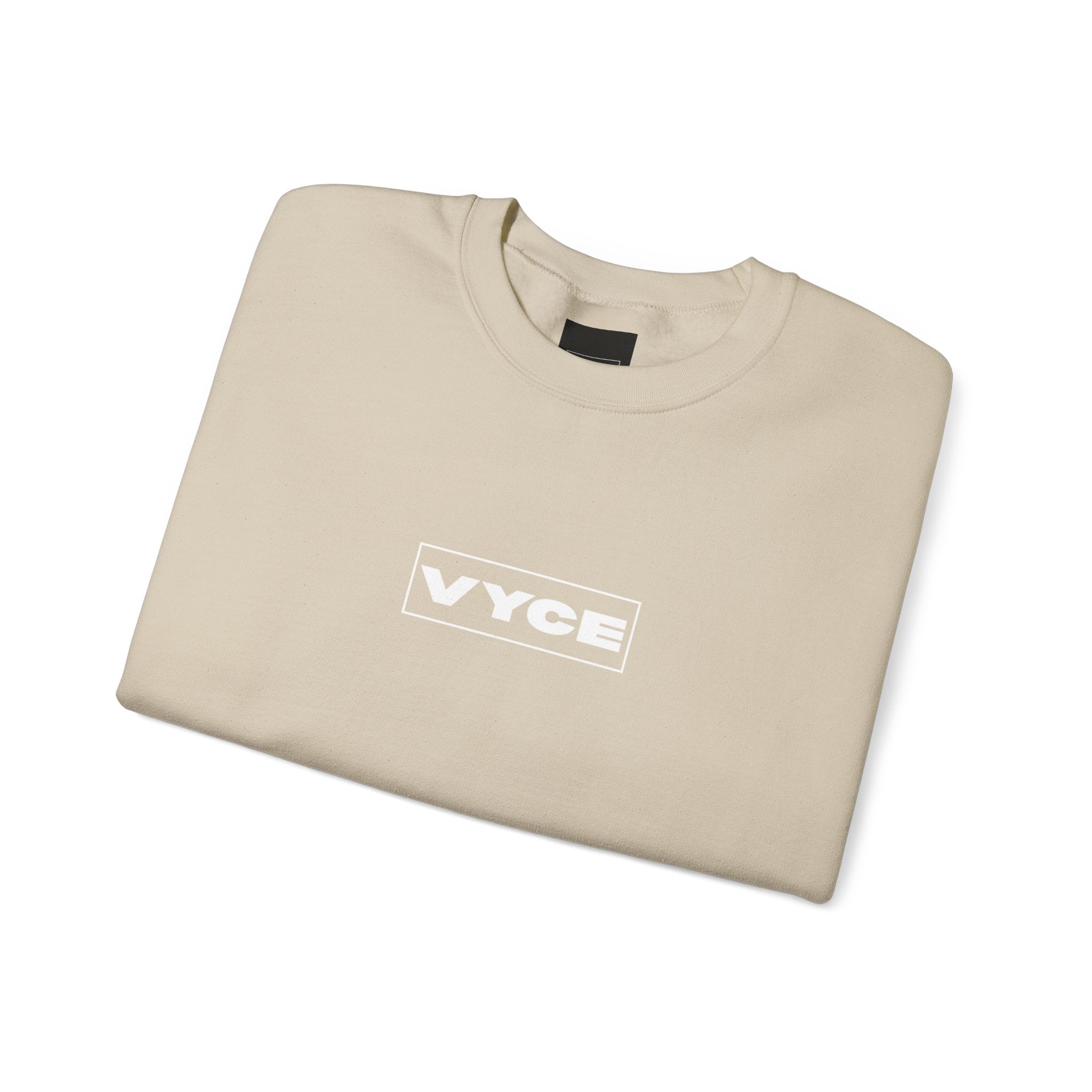 Vyce Blank Box Logo w/meaning Logo Crewneck Sweatshirt — Minimalist Branded Pullover Front & Back Print