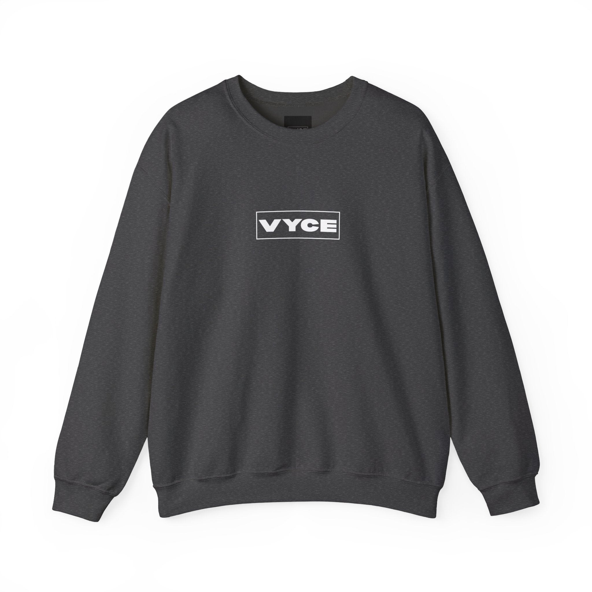 Vyce Blank Box Logo w/meaning Logo Crewneck Sweatshirt — Minimalist Branded Pullover Front & Back Print