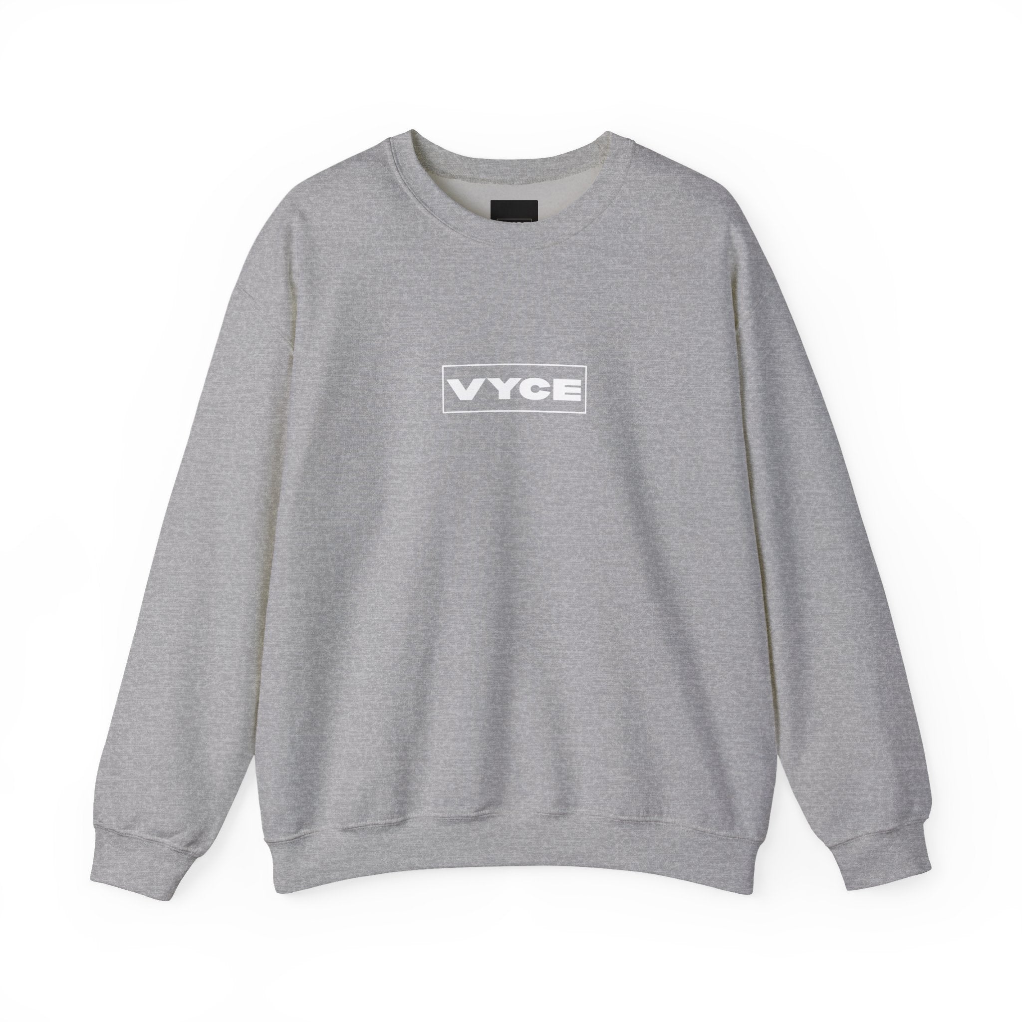 Vyce Blank Box Logo w/meaning Logo Crewneck Sweatshirt — Minimalist Branded Pullover Front & Back Print