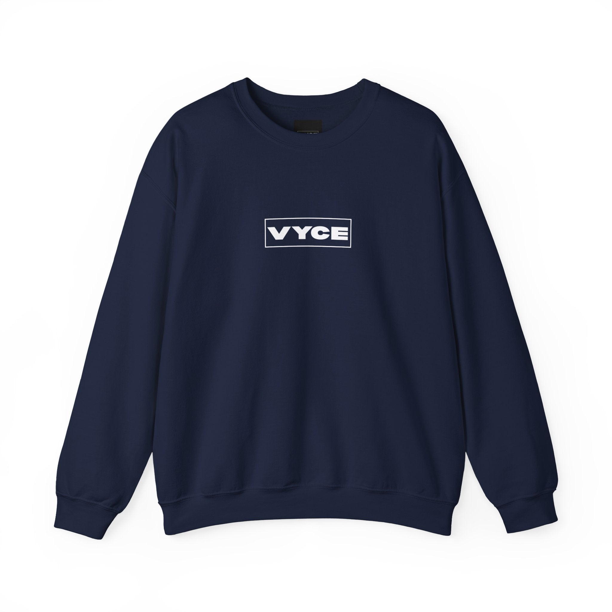 Vyce Blank Box Logo w/meaning Logo Crewneck Sweatshirt — Minimalist Branded Pullover Front & Back Print