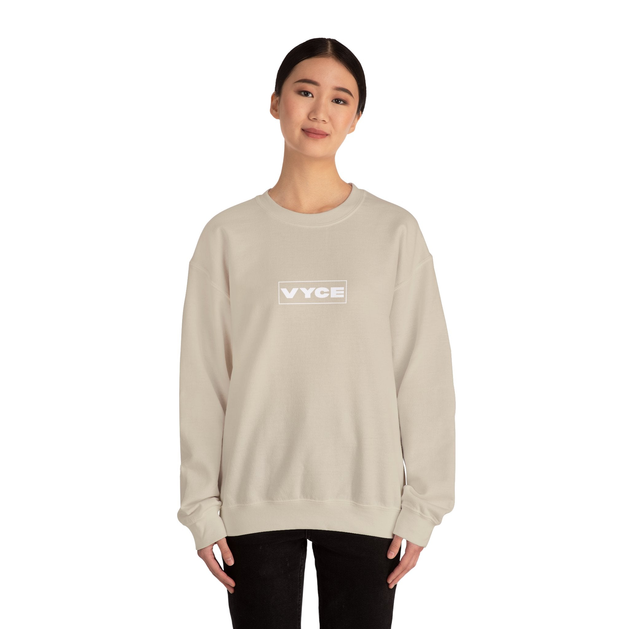 Vyce Blank Box Logo w/meaning Logo Crewneck Sweatshirt — Minimalist Branded Pullover Front & Back Print